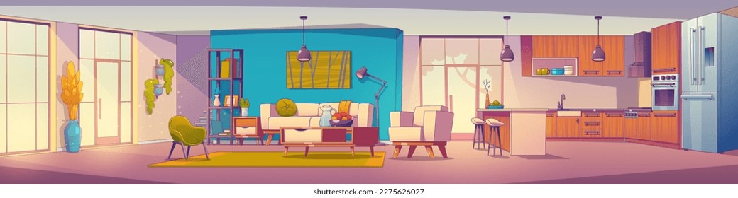 Scandinavian studio apartment design. Vector cartoon illustration of contemporary home open area with kitchen and living room with large windows, cozy couch, armchairs, lamps, carpet on floor, vases