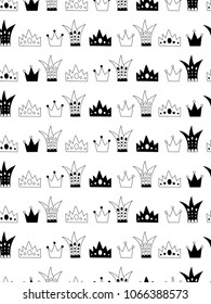 Scandinavian style abstract seamless pattern with crowns in black and white colour. Vector print for nursery