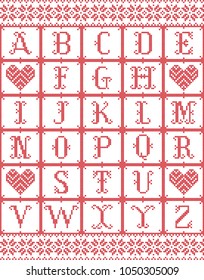 Scandinavian Style Alphabet  Inspired By Norwegian Christmas, Festive Winter Seamless Pattern In Cross Stitch With Heart, Snowflake Elements Red, White Cross Stitch
