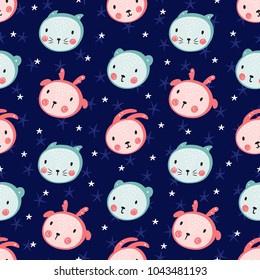 Scandinavian Style Animal Faces Seamless pattern. Cartoon Cute Baby Animals: Rabbit, Cat, Bear, Deer. Vector Background for Kids