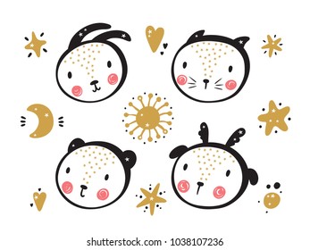 Scandinavian Style Animal Faces Set. Cartoon Cute Baby Animals: Rabbit, Cat, Bear, Deer. Vector illustration