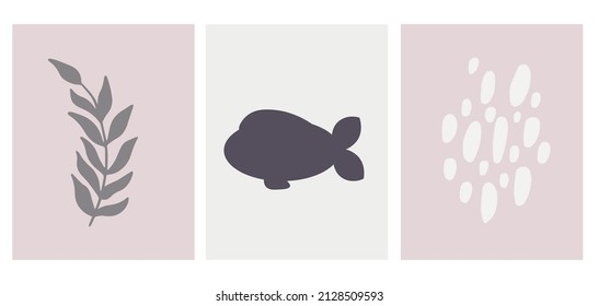 Scandinavian Style. Baby pattern with a fish. Nursery Wall Art for Baby Boy And Baby Girl. Vector Illustration Set Ideal for Cards, Invitations, Posters. Funny Infantile Style