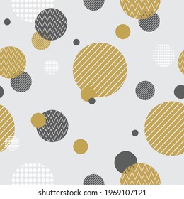 Scandinavian style background. On a light background, beige and gray circles of different sizes are randomly arranged. Patterns of dots, zigzags, lines. Modern design for textiles, wallpapers.