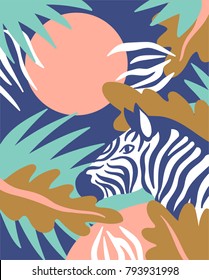 Scandinavian style background with palm leaves and zebra. Cute tropical card. Vector illustration.