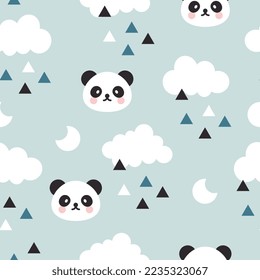 scandinavian style blue sky seamless pattern with kawaii face panda bear and clouds, moon and triangles. Kids fabric and textile vector design.