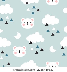 scandinavian style blue sky seamless pattern with kawaii face polar bear and clouds, moon and triangles. Kids fabric and textile vector design.