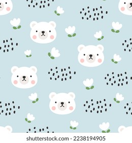 scandinavian style blue sky seamless pattern with kawaii face polar bear and abstract dotted clouds, white tulip flowers. Kids fabric and textile vector design.