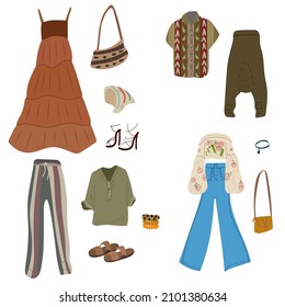 Scandinavian style boho clothing set. Men's and women's clothing. Vector