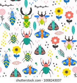 Scandinavian style bugs and flowers. Hand drawn vector seamless pattern