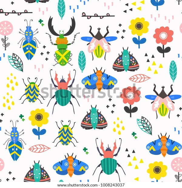 北欧風の虫や花 手描きのベクトルシームレスパターン のベクター画像素材 ロイヤリティフリー