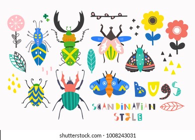 Scandinavian style bugs. Hand drawn colored vector set. All elements are isolated