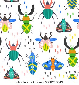 Scandinavian Style Bugs. Hand Drawn Colored Vector Seamless Pattern