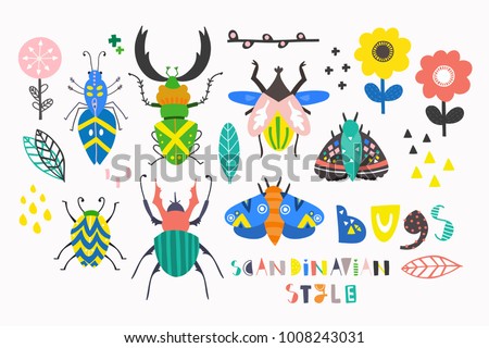 Scandinavian style bugs. Hand drawn colored vector set. All elements are isolated