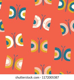 Scandinavian style butterfly seamless vector pattern background. Retro hand drawn butterflies in distressed vintage style for girls, women, birthday card, fabric, nursery, gift wrap,banner, kids decor