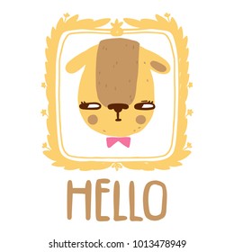 Scandinavian style cat with hello inscription and frame. Vector hand drawn cute illustration.