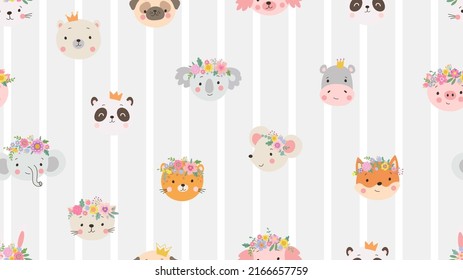 Scandinavian style childish animals. Cute cartoon pets avatars, kids room wallpaper print. Wild animal in crown vector seamless pattern