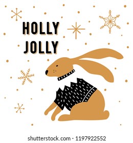 Scandinavian style Christmas greeting card. Cute hand drawn rabbit and phrase Holly Jolly. Vector illustration.