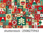 Scandinavian style Christmas seamless pattern. A postcard for the New Year's Eve holiday. Snowflakes, ornaments and Christmas trees. Retro clean conceptual design. Vector illustration