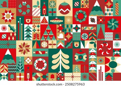 Scandinavian style Christmas seamless pattern. A postcard for the New Year's Eve holiday. Snowflakes, ornaments and Christmas trees. Retro clean conceptual design. Vector illustration