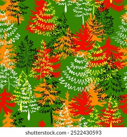 Scandinavian style Christmas seamless pattern. A postcard for the New Year's Eve holiday. Snowflakes, ornaments and Christmas trees. Retro clean conceptual design. Vector illustration