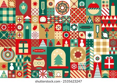 Scandinavian style Christmas seamless pattern. A postcard for the New Year's Eve holiday. Snowflakes, ornaments and Christmas trees. Retro clean conceptual design. Vector illustration