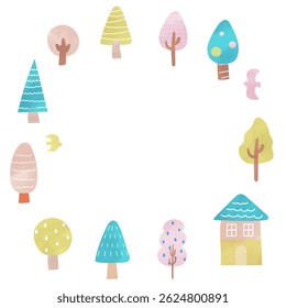 Scandinavian style circular frame of trees and houses, watercolor, hand-drawn, cute
