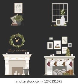 Scandinavian style clipart of christmas decorations. Fireplaces with traditional christmas tree,winter posters,gifts, socks,bright garland,mistletoe wreath and candles. Basket with green and books.