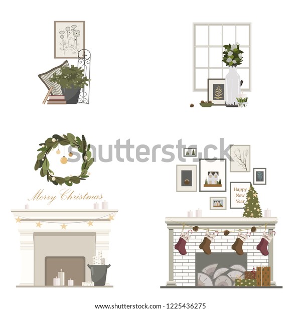 Scandinavian Style Clipart Christmas Decorations Fireplaces Stock