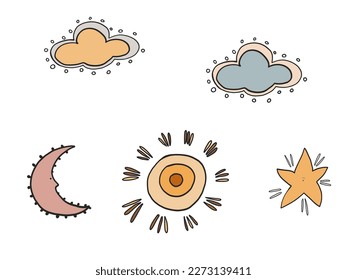 Scandinavian style clouds moon and sun