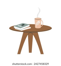 Scandinavian style coffee table. Book and hot steaming drink on round coffee table. Interior design element on white isolated background. Flat vector illustration.