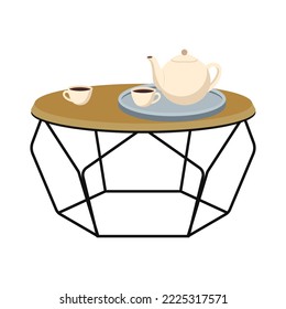 Scandinavian style coffee table isolated on white background.Vector illustration. Tray with kettle and cups. 