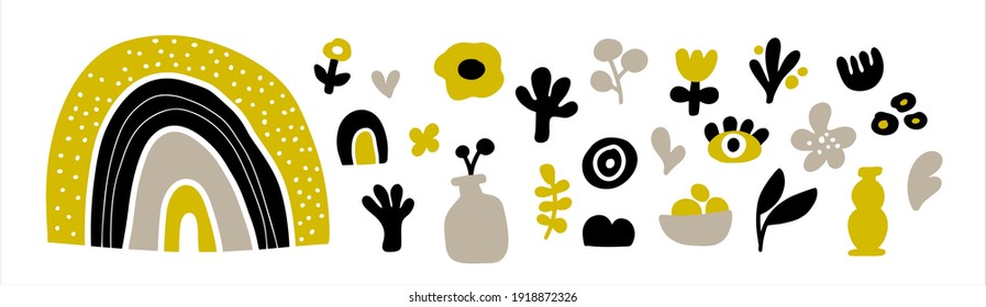 Scandinavian style collection of design animals for summer patterns and decorations. Vector set  in grey, yellow and black colors.