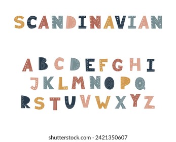 Scandinavian style colored alphabet. Doodle hand drawn capital letters. Cartoon font for school education, nursery, kids art, . Design element for card, poster, book. Decorative ABC isolated on white