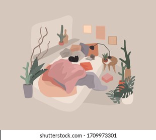 Scandinavian style cozy interior bedroom with homeplants. Cartoon vector illustration. Soft terracota colors