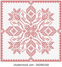Scandinavian style cross stitch pattern. Traditional biscornu design - geometric redwork ornament for embroidery.  Perfect for Christmas design. Cross-stitch border, frame. Vector illustration.