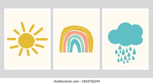 Scandinavian style cute posters with rainbow, cloud and sun. Childish drawing for nursery design. Cartoon fun rainbow. Bright doodle hand drawn illustration. Scandinavian nursery design.