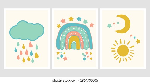 Scandinavian style cute posters with rainbow, cloud and sun. Childish drawing for nursery design. Cartoon fun rainbow. Bright doodle hand drawn illustration. Scandinavian nursery design.