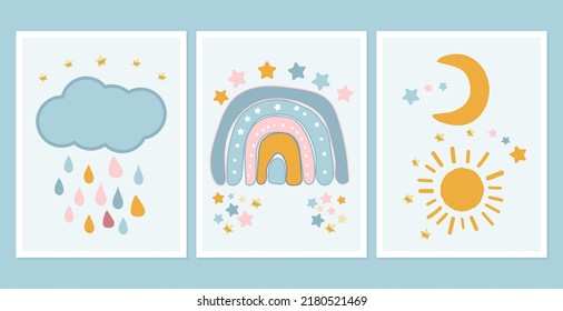 Scandinavian style cute posters with rainbow, cloud and sun. Childish drawing for nursery design. Cartoon fun rainbow. Bright doodle hand drawn illustration. Scandinavian nursery design.