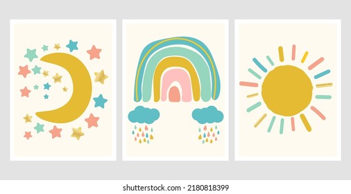 Scandinavian style cute posters with rainbow, cloud and sun. Childish drawing for nursery design. Cartoon fun rainbow. Bright doodle hand drawn illustration. Scandinavian nursery design.