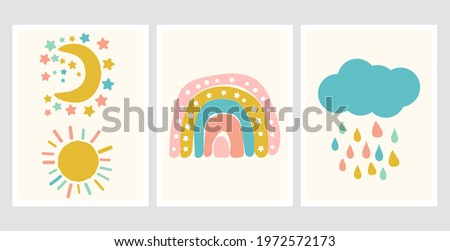 Scandinavian style cute posters with rainbow, cloud and sun. Childish drawing for nursery design. Cartoon fun rainbow. Bright doodle hand drawn illustration. Scandinavian nursery design.
