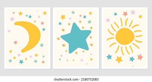 Scandinavian style cute posters with sun and stars. Childish drawing for nursery design. Cartoon fun bright doodle hand drawn illustration. Scandinavian nursery design.