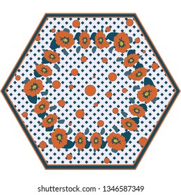 Scandinavian style: Cute umbrella pattern in trendy colors on white navy into a cage background with coral polka dots.Wreath from red flowers.Vector illustration