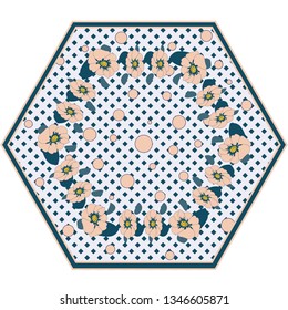 Scandinavian style: Cute umbrella pattern in trendy colors on white navy into a cage background with dusty pink polka dots.Wreath from   pinkish flowers.Vector illustration