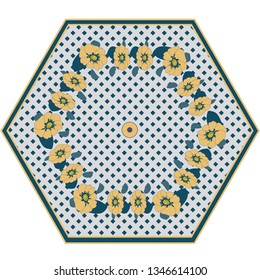 Scandinavian style: Cute umbrella pattern in trendy colors on white navy into a cage background. Wreath from cream flowers.Vector illustration