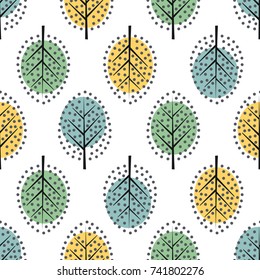 Scandinavian style decorative trees seamless pattern. Cute nature background with colorful leaves. Autumn forest vector illustration. Design for textile, wallpaper, fabric.