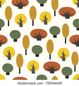 Scandinavian style decorative trees seamless pattern. Colorful nature background. Autumn forest vector illustration. Design for textile, wallpaper, fabric.