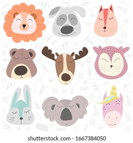 Scandinavian style design element for nursery. Forest animals collection. Cute simple animal portraits. Vector illustration hand drawn