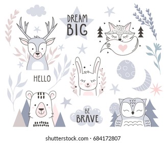 Scandinavian style design element for nursery. Forest animals collection with lettering element. Vector illustration.