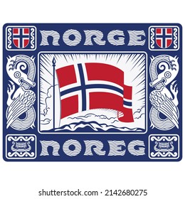 Diseño de estilo escandinavo. Bandera noruega en los rayos del sol naciente, marco decorativo con dragones en el estilo del Viejo Norse, aislado en blanco, ilustración vectorial