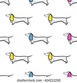 Scandinavian style dog seamless pattern. Geometric. Simple flat dachshund. Minimalist european texture. Blue, yellow colors. Cartoon illustration